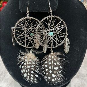 Dream Catcher Earrings Dangle Feather Wire Wrapped Silver Tone Jewelry